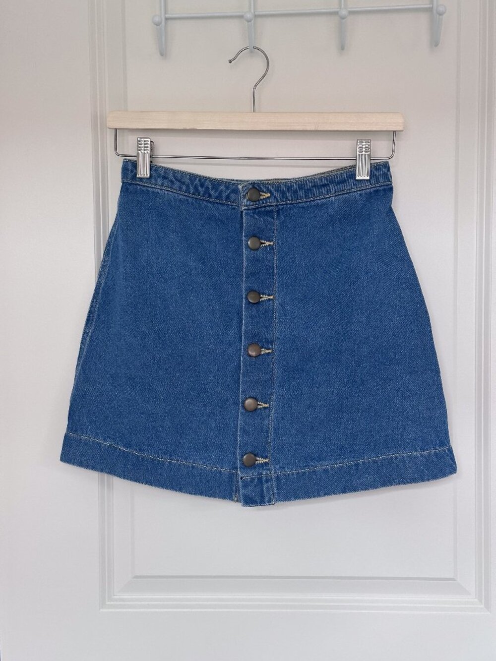 American Apparel A-Line Mini Denim Skirt | Button Front High Waisted | Size: S